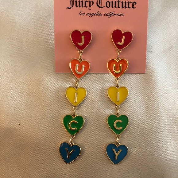 Juicy Couture Gold Tone Enamel Rainbow Stacked Juicy Hearts Drop Earrings NWT - Picture 4 of 11